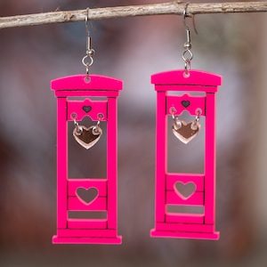 Guillotine Acrylic Dangle Earrings, Cute Heart Guillotine Earrings, Hot Pink Dangle Earrings, Creepy Cute Earrings, Pastel Goth Earrings,