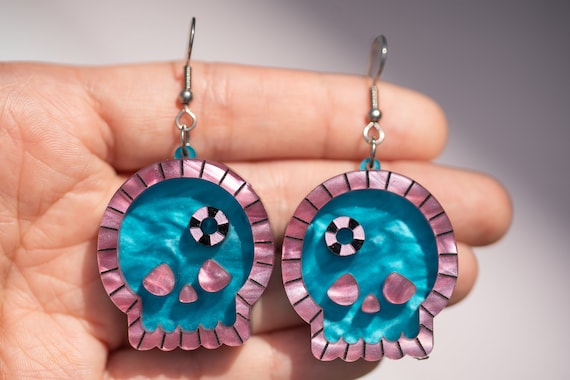 Swimming Pool Earrings, Spooky Summer Acrylic Earrings, Pastel Goth Vibes, Spooky Cute Earrings, Quirky, Quirky Earrings, Skull Earrings