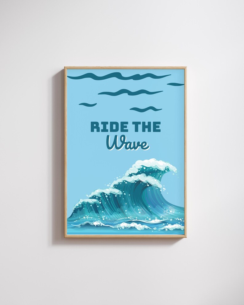 Ride The Wave Wall Art Retro Surf Poster Motivational Ocean 