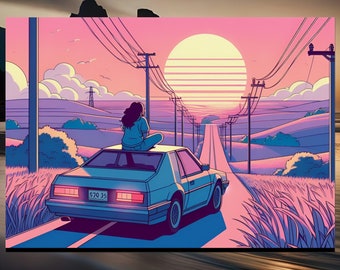 Impresión de chica lofi en coche: arte de ensueño en una carretera rural con tonos pastel