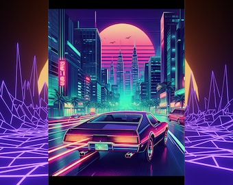 synthwave outrun classic car, wall decor poster sunset with vaporwave colors