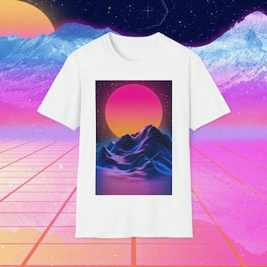 retro vaporwave synthwave outrun with sunset and mountains t shirt