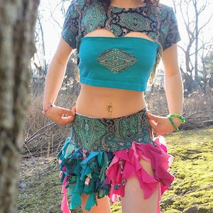 Labradorite ruffle rave festival fairy skirt set with patchwork crop top & matching shrug