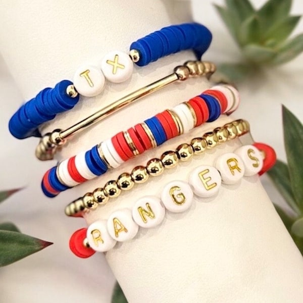 Custom TEXAS RANGERS Stackable Bracelets Red Blue Beads Bracelet Stack TX Rangers Personalized Gift for Her Rangers Friendship Bead Jewelry