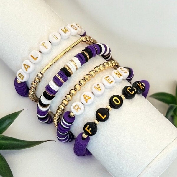 Custom BALTIMORE RAVENS Stackable Friendship Bracelets, Purple Black Gold Bracelet, Personalized Ravens Gift for Her Bead Football Jewelry