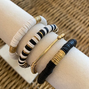 Initial Heishi Gold Stretchy Bracelet #795, Black and White Clay