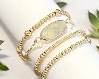 Minimalist Prehnite, Natural Stone Bracelet w/ Dainty 18k Gold Filled Adjustable Slider Hypoallergenic Lead & Nickel Free Mother Gifts Her