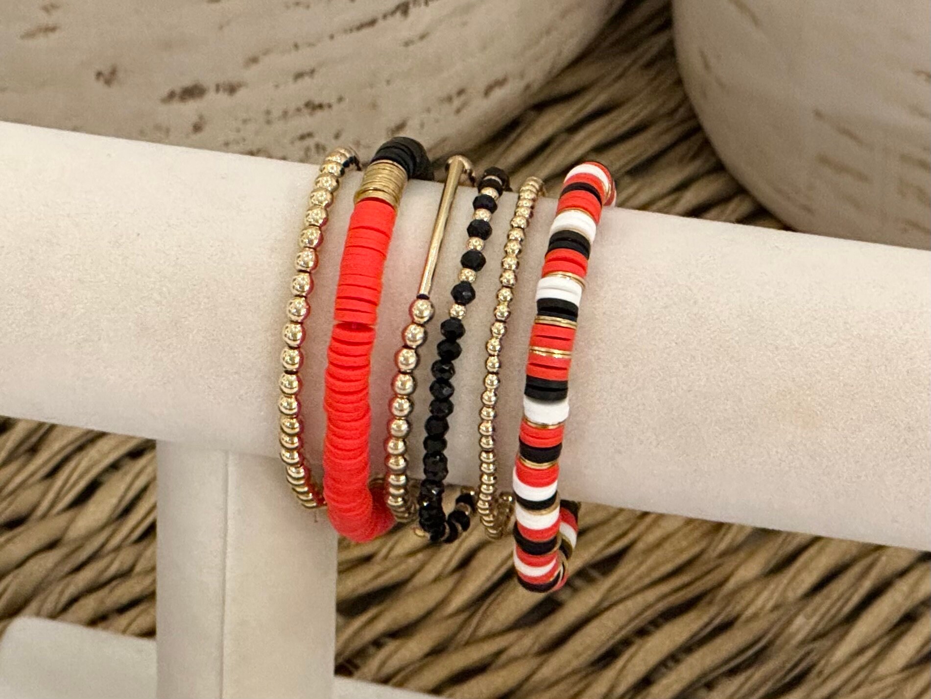 Custom UGA Red and Black Stretchy Stackable Bracelets Brass & 18K Gold
