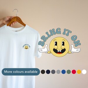 Bring it on smiley face pocket design t-shirt / Minimalist cool graphic design tee / Positive slogan happy face shirt / Unique gift / 0095