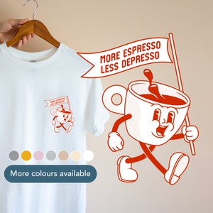 More espresso less depresso pocket design t-shirt / Funny coffee shirt / Retro cartoon caffeine lover tee / Gift for coffee addict / 0136