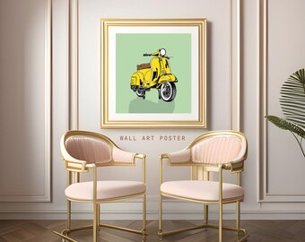 Retro Vespa Scooter Digital Print – Vintage Yellow Scooter Wall Art | Pop Art Printable | Classic Italian Ride Home Decor