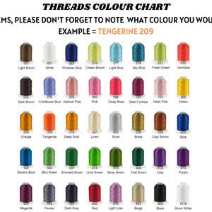 May include: A color chart for threads, featuring a variety of thread colors. The chart includes shades of brown, blue, pink, orange, green, purple, and more. Text at the top reads "THREADS COLOUR CHART". The text also includes instructions on how to select a color.