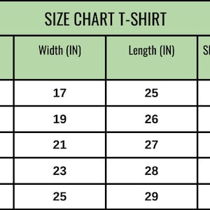 May include: A size chart for a t-shirt, with measurements in inches. The chart includes sizes S, M, L, XL, and XXL, with corresponding width, length, and sleeve center back measurements. The chart is on a white background with a green header.