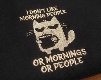 Embroidered Cat Sweater: Funny Coffee Crewneck for Cat Lovers