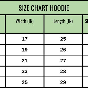 May include: A size chart for a hoodie, with measurements in inches. The chart includes sizes S, M, L, XL, and XXL, with corresponding width, length, and sleeve center back measurements. The text "SIZE CHART HOODIE" is at the top.