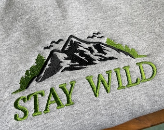 Embroidered 'Stay Wild' Crewneck: Vintage Mountain Climbing Sweatshirt