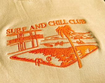 Embroidered Surf and Chill Club Crewneck - Vintage Style Sweatshirt