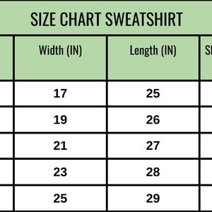May include: A size chart for a sweatshirt, with measurements in inches. The chart includes sizes S, M, L, XL, and XXL, with corresponding width, length, and sleeve center back measurements. The text "SIZE CHART SWEATSHIRT" is at the top.