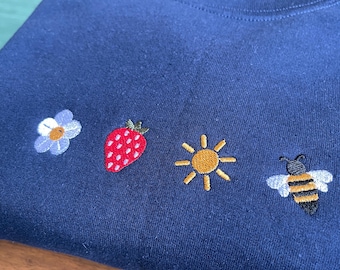 Embroidered Crew Neck Sweatshirt: Wildflower, Strawberry, Bee, Sun