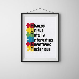 May include: A framed cross-stitch design with the word "AUTISM" spelled out vertically. Each letter is made up of a colourful puzzle piece and is followed by a word describing the characteristics of autism: Always, Unique, Totally, Interesting, Sometimes, Mysterious.