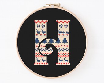 Letter H Christmas Cross Stitch Pattern, Custom Alphabet Letter, Christmas Personalized Stitch, Initial Embroidery, Merry Christmas Pattern