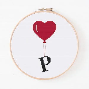 Patrón Punto de Cruz Letra P, Punto de Cruz Corazón Globo P, Bordado Inicial, Patrón Letra Mayúscula, Patrón Alfabeto, Patrón Digital