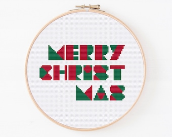 Merry Christmas Cross Stitch Pattern, Geometric Text Pattern, Counted Cross Stitch, Small Merry Christmas, Xmas Mini Cross Stitch  PDF
