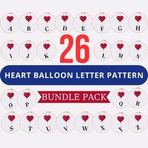 Conjunto de padrão de ponto cruz de balão de 26 corações, padrão de ponto cruz de conjunto de letras, padrão de conjunto de balão de calor, bordado moderno, letras de monograma