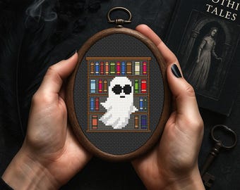 Library Ghost Cross Stitch, Ghost Cross Stitch Pattern, Cool Ghost In Library Pattern, Spooky Cute Goth Pattern, Book Lover Patten PDF