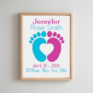 Birth Announcement Cross Stitch Pattern, Boy Girl Nursery Decor, Counted Cross Stitch Pattern, Baby Birthday Cross Stitch, Digital Download