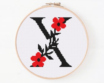 Floral Letter X Cross Stitch Pattern, Monogram X Cross Stitch, Initial Embroidery, Capital Letter Pattern, Alphabet Pattern, Digital Pattern