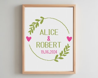 Wedding Cross Stitch Pattern, Personalized Wedding Cross Stitch, Wedding Anniversary Sampler, Summer Cross Stitch , Digital Download PDF