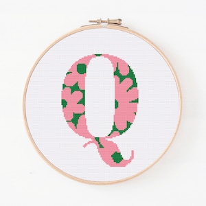 Letter Q, Cross Stitch Alphabet Pattern, Floral Monogram, Counted Cross Stitch, Initial Embroidery, Easy Cross Pattern, Digital Download PDF