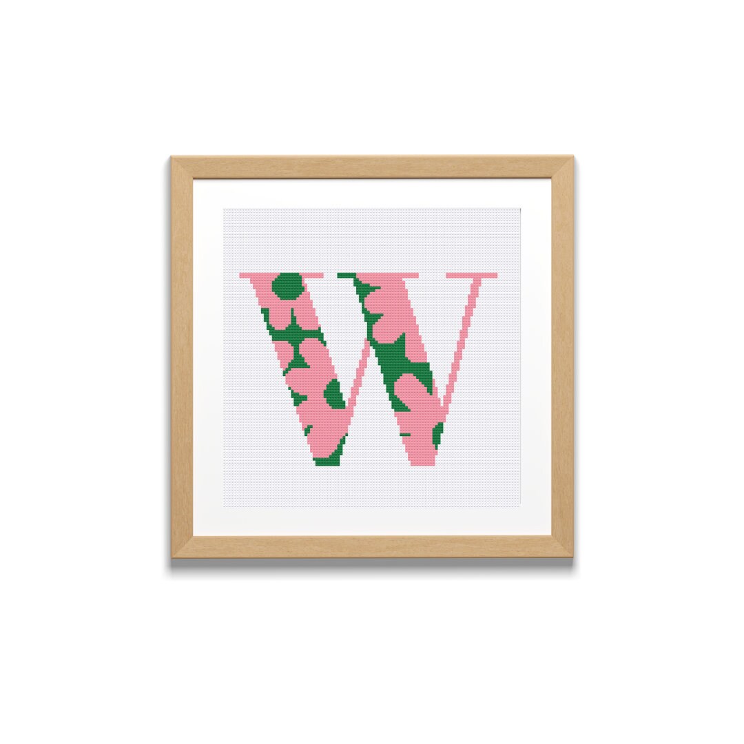 Letter W, Cross Stitch Alphabet Pattern, Floral Monogram, Counted Cross Stitch, Initial