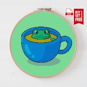Cute Frog in a Coffee Cup Cross Stitch Pattern, Cottage Core Cross Stitch, Funny Cross Stitch, Whimsical Frog Cross Stitch, Digital Download