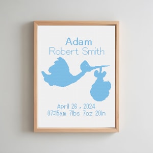 Boy Baby Birth Cross Stitch, Baby Announcement  Cross Stitch, Baby Stork Cross Stitch, Baby Personalized Pattern, Gifts For Baby Pattern PDF