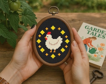 鶏の刺繍アート作品 かわいい鶏のクロスステッチパターン、農家の動物刺繍PDF、カントリー
