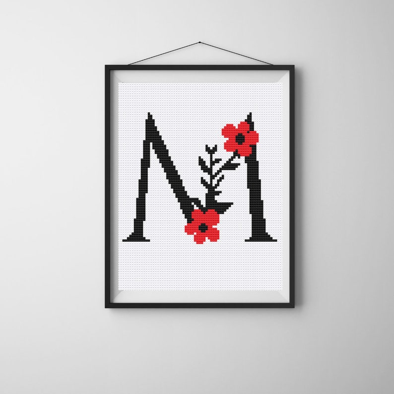 Floral Letter M Cross Stitch Pattern, Monogram M Cross Stitch, Initial
