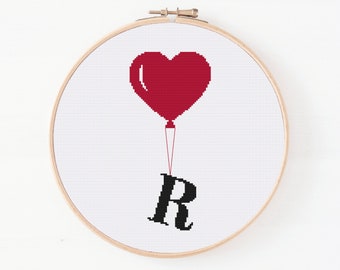 Letter R Cross Stitch Pattern, Heart Balloon R Cross Stitch, Initial Embroidery, Capital Letter Pattern, Alphabet Pattern, Digital Pattern