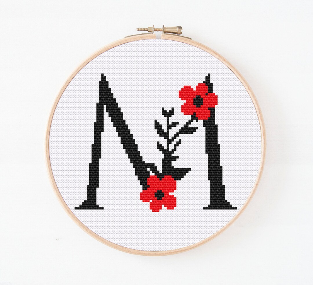 Floral Letter M Cross Stitch Pattern, Monogram M Cross Stitch, Initial
