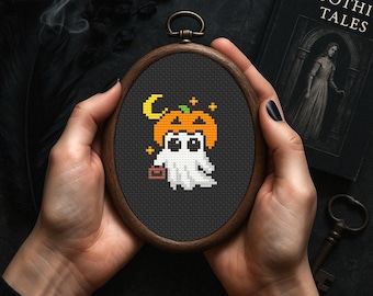 Pompoenspook kruissteekpatroon, schattige Halloween-borduurwerk-pdf, Trick or Treat-spook, spookachtige gotische hoepelkunst, beginnersvriendelijk patroon
