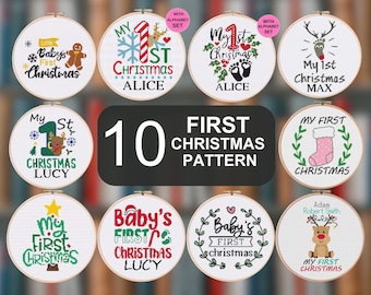 May include: Ten different cross-stitch patterns for a baby's first Christmas. The patterns feature various designs including a reindeer, a stocking, a Christmas tree, and a baby's footprint. The patterns are all in a circle and have the text "My 1st Christmas" or "Baby's First Christmas" with a name.