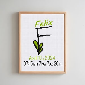 Patrón de punto de cruz de anuncio de nacimiento, punto de cruz de letra F, regalo de bebé personalizado, punto de cruz contado moderno, patrón de conjunto de alfabeto