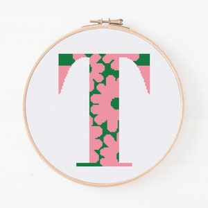 Letter T, Cross Stitch Alphabet Pattern, Floral Monogram, Counted Cross Stitch, Initial Embroidery, Easy Cross Pattern, Digital Download PDF