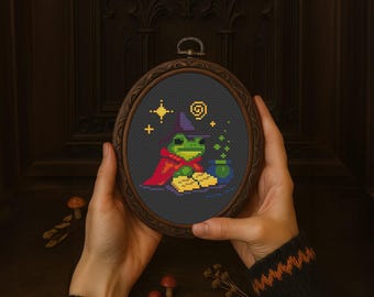 Wizard Frog Cross Stitch Pattern, Cute Halloween Frog Embroidery with Magic Book and Cauldron, Witchy Cottagecore DIY Art, Instant Download