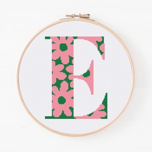 Letter E, Cross Stitch Alphabet Pattern, Floral Monogram, Counted Cross Stitch, Initial Embroidery, Easy Cross Pattern, Digital Download PDF