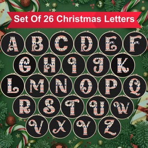 Patrón de punto de cruz del alfabeto navideño, patrón de letras navideñas, patrón de punto de cruz moderno, arte de aro con monograma, letras navideñas fáciles