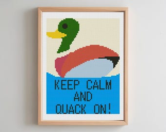 Funny Duck Cross Stitch Pattern, Counted Cross Stitch, Folk Duck Cross Stitch, Keep Calm And Quack On!, Mallard Duck, Digital Pattern PDF