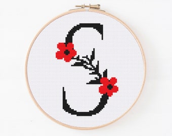 Floral Letter S Cross Stitch Pattern, Monogram S Cross Stitch, Initial Embroidery, Capital Letter Pattern, Alphabet Pattern, Digital Pattern