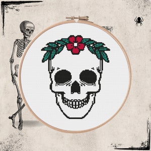 Skull Cross Stitch Pattern, Flower Skull Pattern,  Gothic Skull Pattern, Floral Skull Embroidery Pattern, Counted Cross Stitch, Digital PDF
